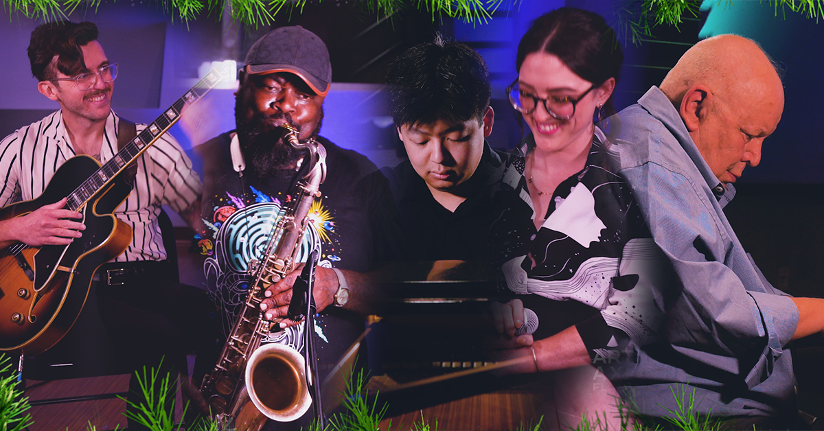 A group of people are playing instruments on a stage.