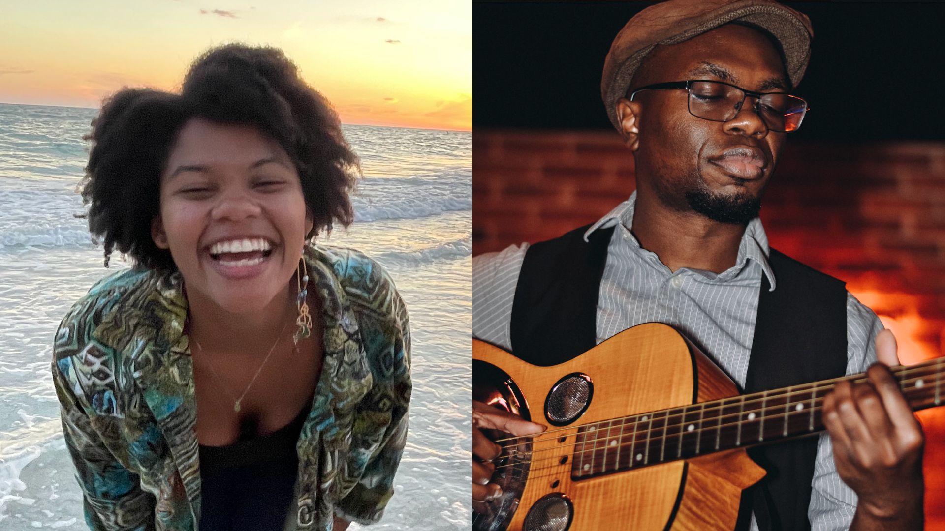 a woman laughs next to a man playing a guitar
