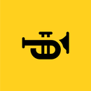 A black trumpet icon on a yellow background.