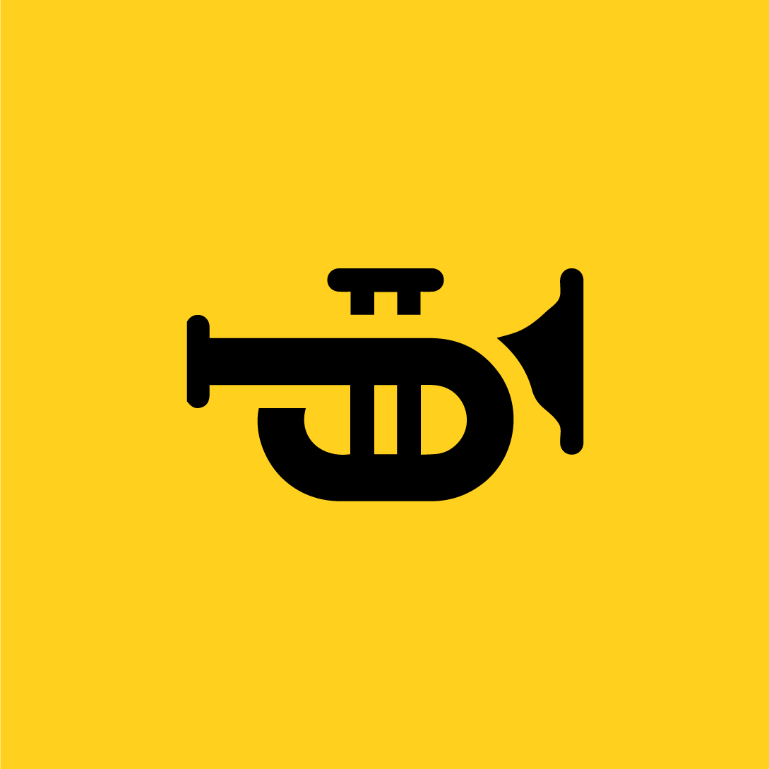 A black trumpet icon on a yellow background.