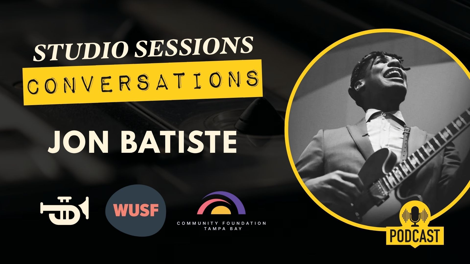 Jon Batiste in studio session podcast graphic. Black background, jazz musician smiling, playing guitar.