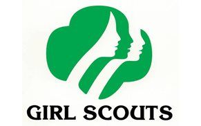 The logo for girl scouts is a green cloud with two women 's faces inside of it.