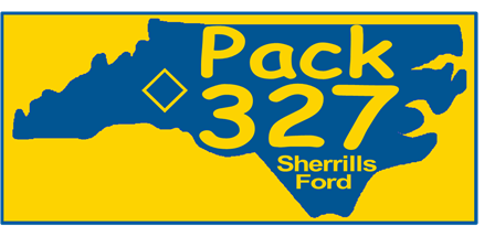 A blue and yellow sign that says pack 327 sherrills ford