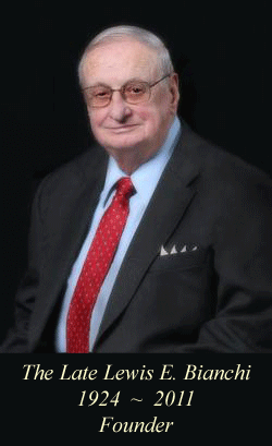 Portrait of Lewis E. Bianchi in a dark suit and red tie, with memorial text and dates 1924–2011