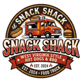 Round Snack Shack logo with orange food truck, hot dogs, burgers, and &ldquo;West Virginia Style Hot Dogs & BBQ&rdquo; text