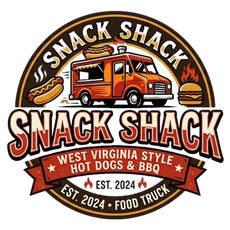 Round Snack Shack logo with orange food truck, hot dogs, burgers, and “West Virginia Style Hot Dogs & BBQ” text