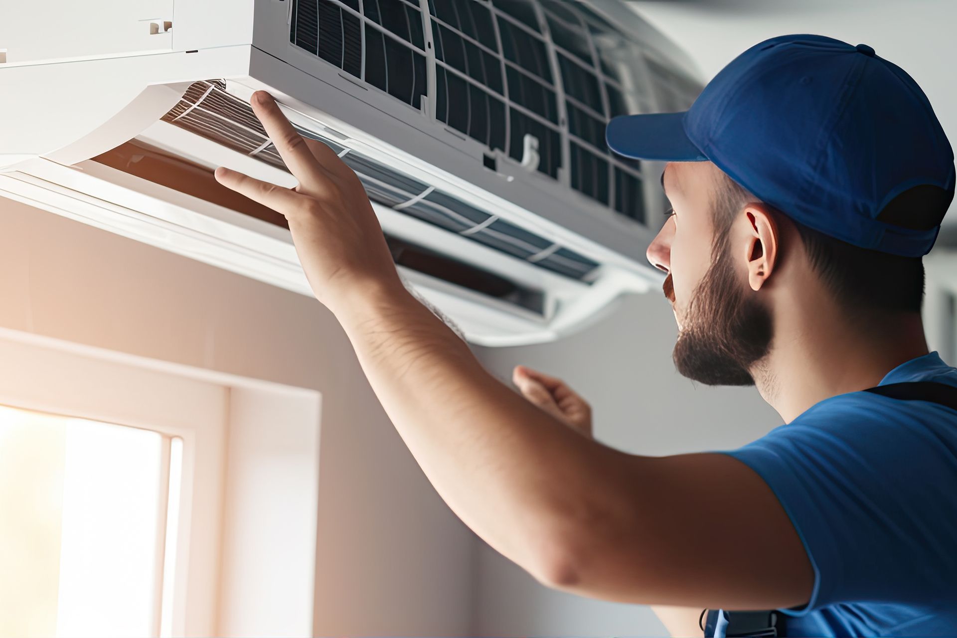 Technicien CVC en bleu inspectant un climatiseur à l'intérieur.
