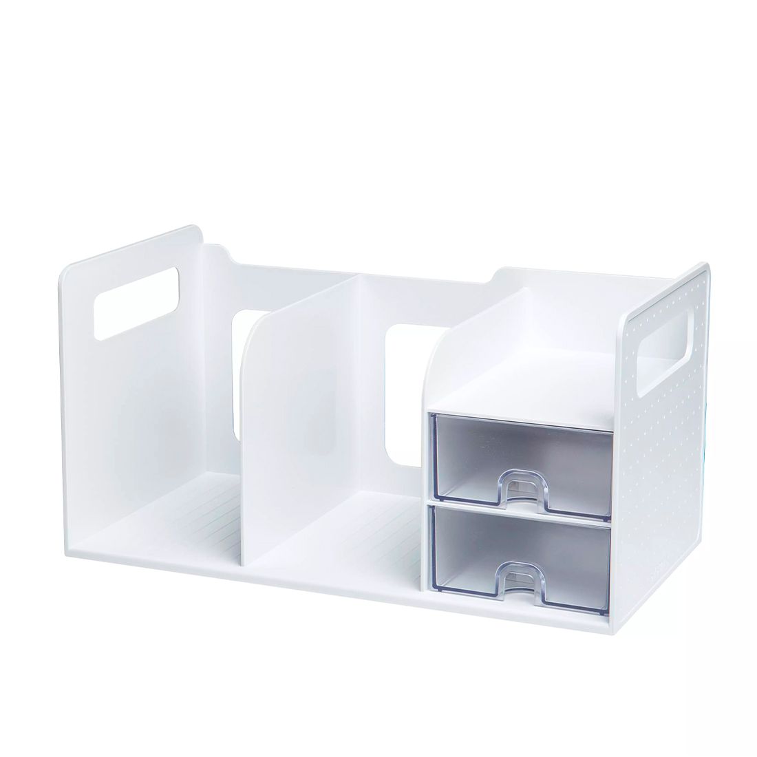 Organizador de escritorio con dos compartimentos para libros y dos cajones con dos tiradores laterales.