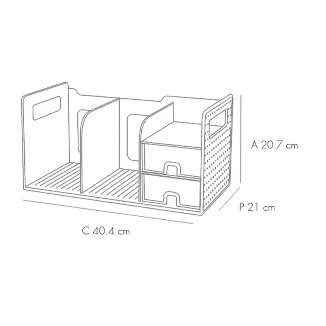Imagen técnica con las dimensiones del organizador de escritorio con espacio para libros y cajones.