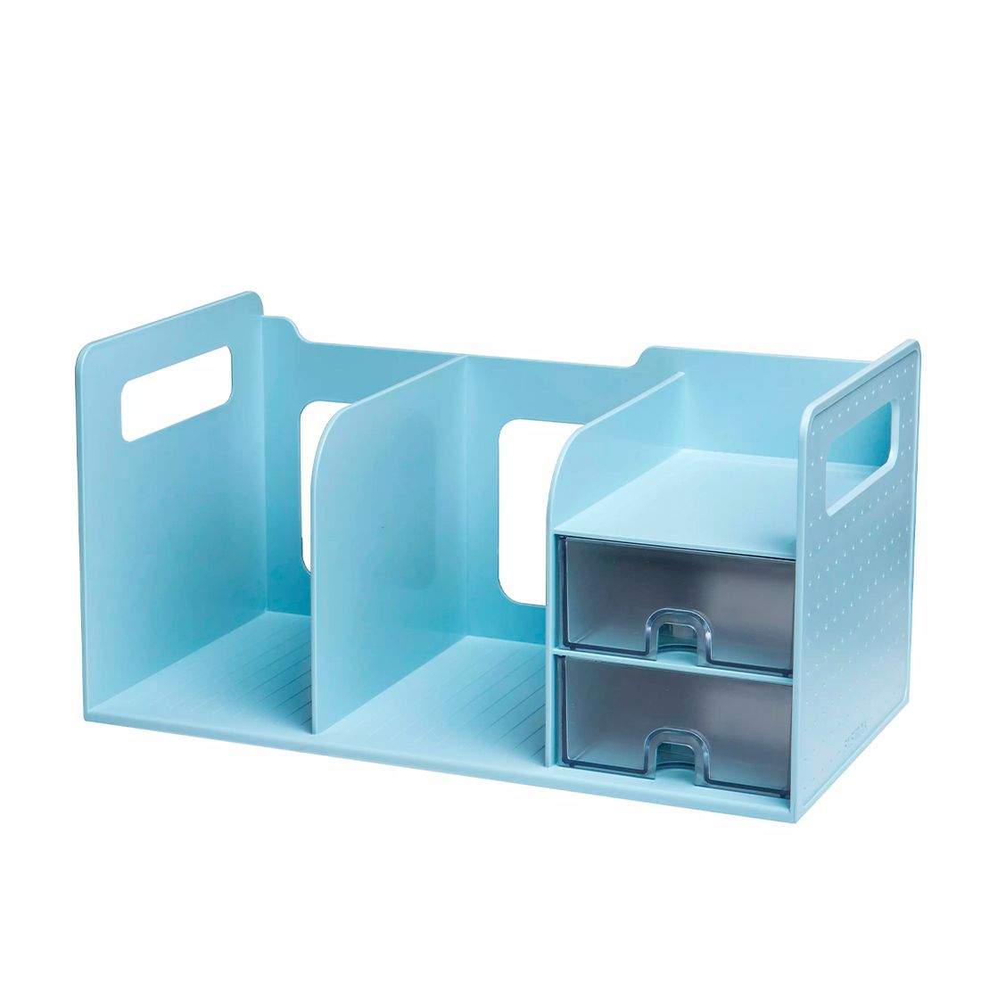 Una estantería azul con dos cajones y espacio para libros sobre un fondo blanco.