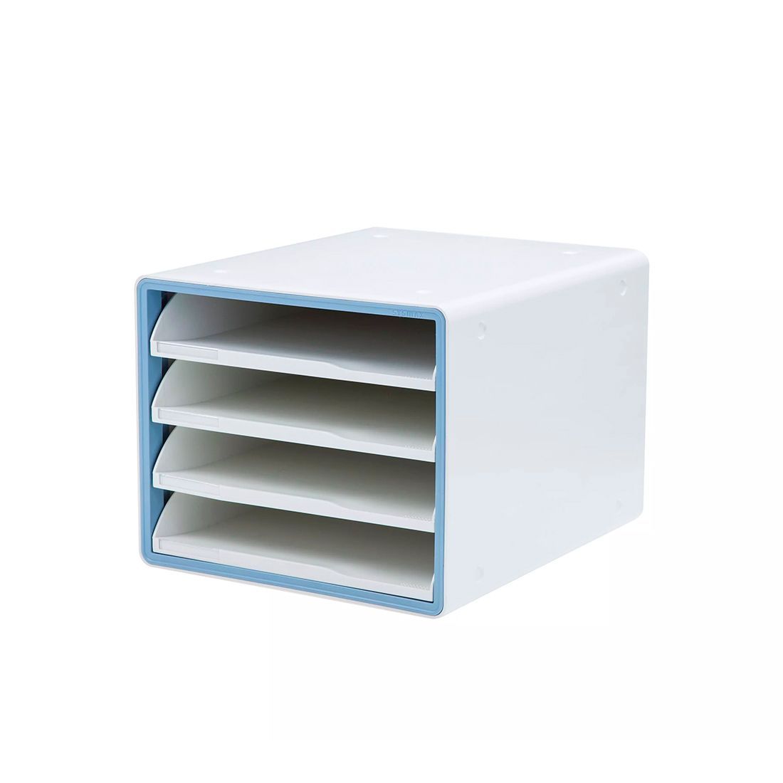 Una estantería blanca y azul con cuatro cajones sobre un fondo blanco.