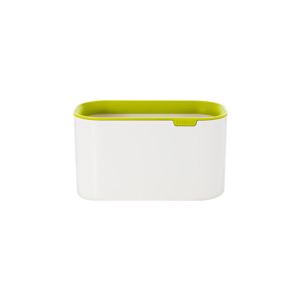 Un recipiente blanco con una tapa verde sobre un fondo blanco.