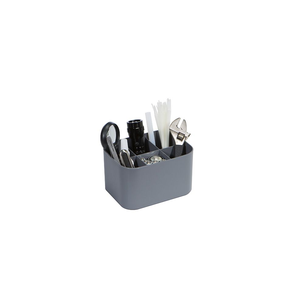 Un recipiente de plástico gris lleno de diversos materiales de oficina.