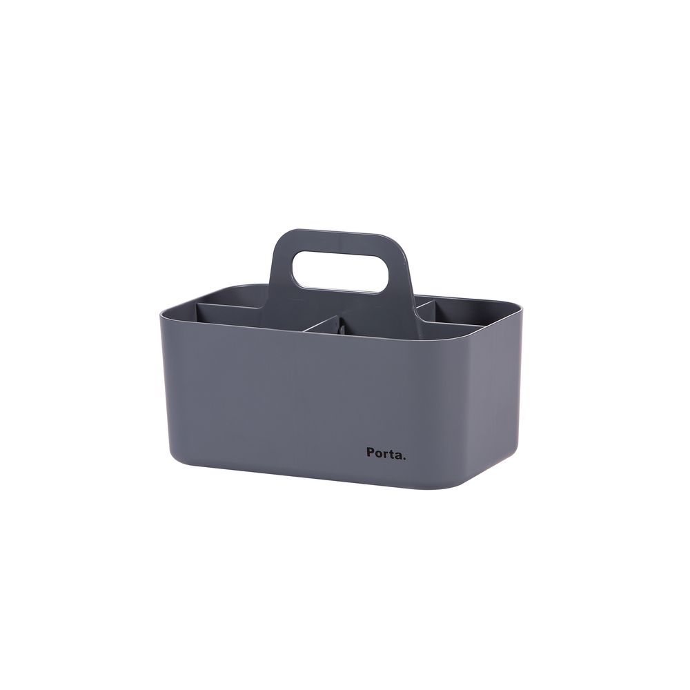 Cesta organizadora gris con separadores para guardar cosas y asa para transportarla