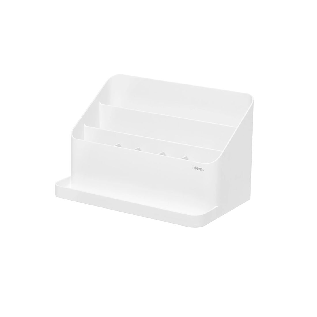 Organizador de plástico con 3 compartimentos ideal para hojas, cuadernos y otros objetos.