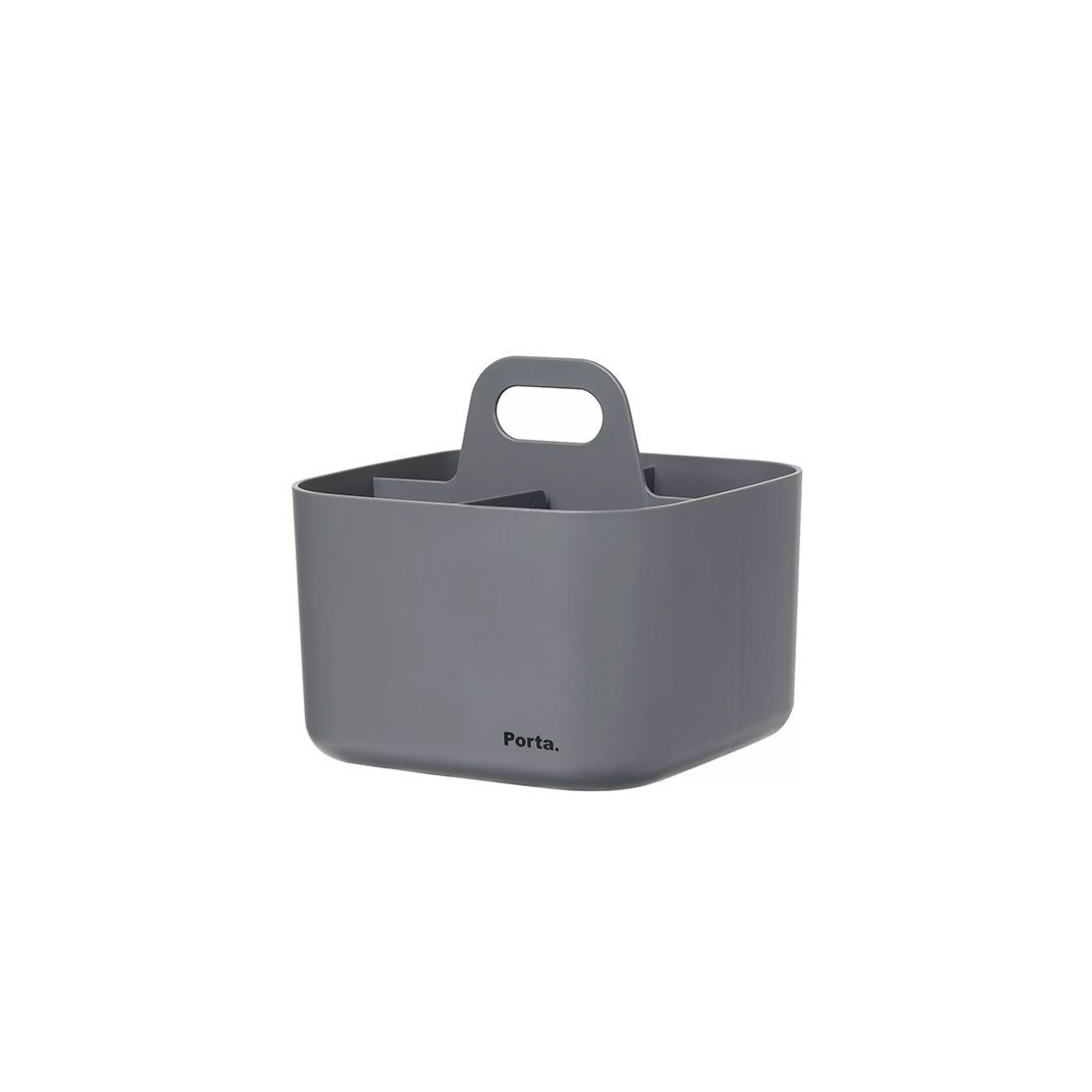 Un recipiente de plástico gris con un asa sobre un fondo blanco.