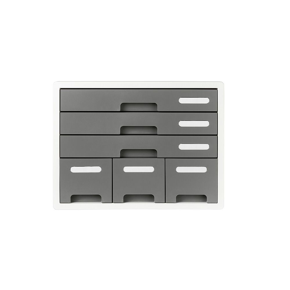 Organizador de escritorio negro con 3 cajones anchos y 3 cajones estrechos