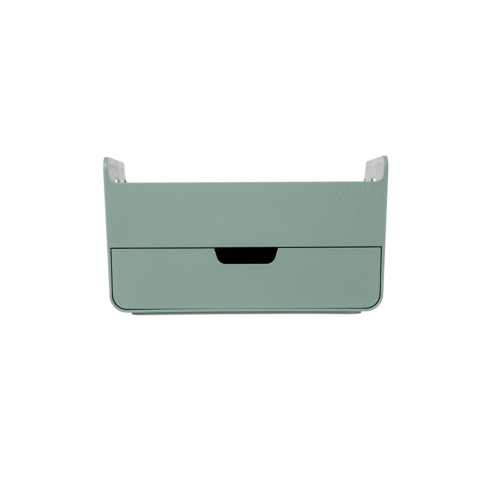 Una caja verde con un cajón sobre un fondo blanco.