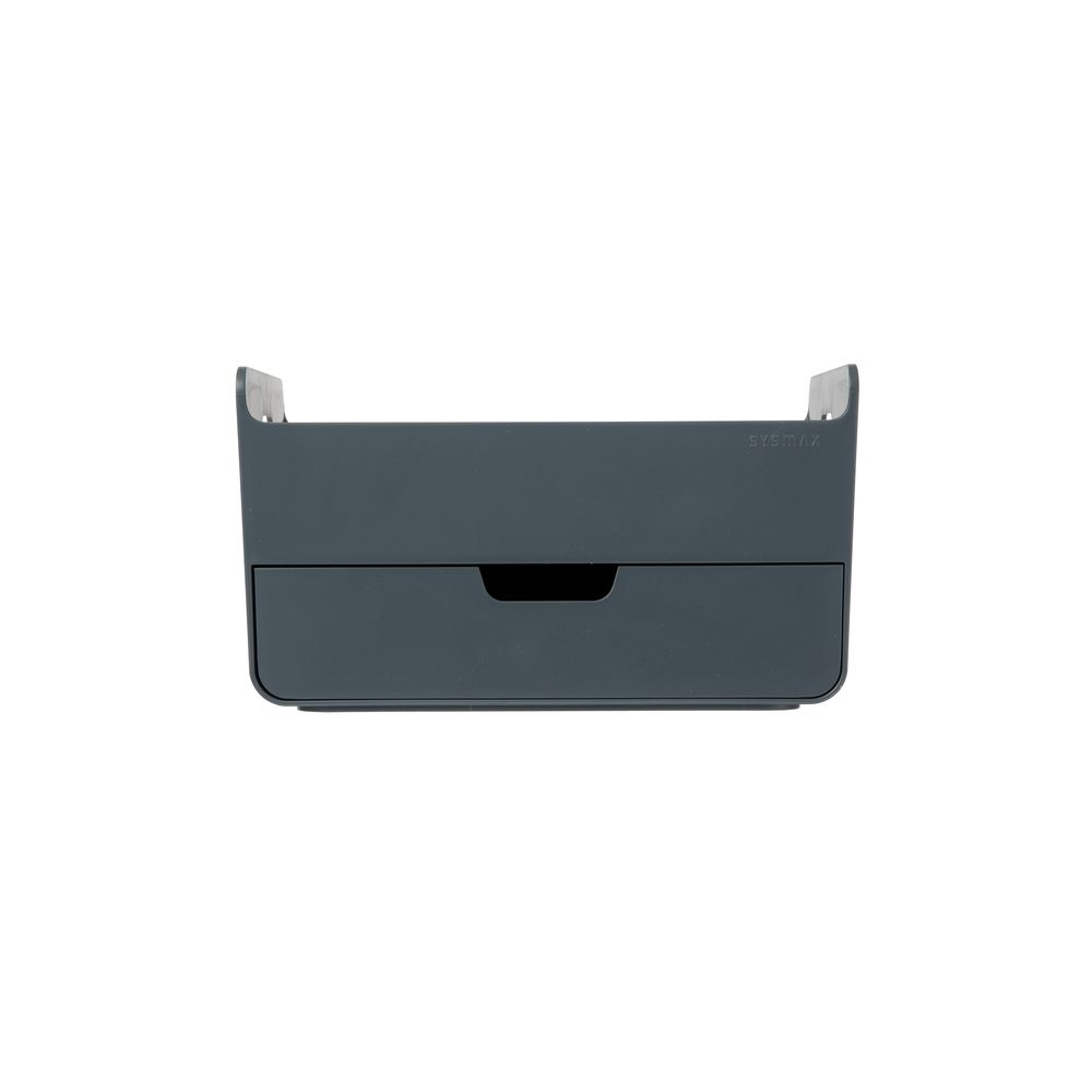 Una caja negra con un cajón sobre un fondo blanco.