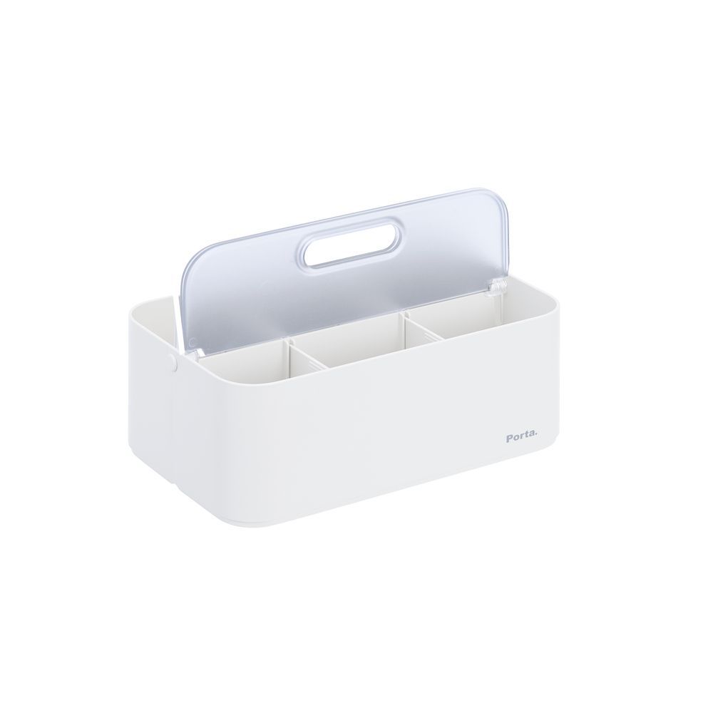 Una caja de plástico blanca con asa y tres compartimentos.