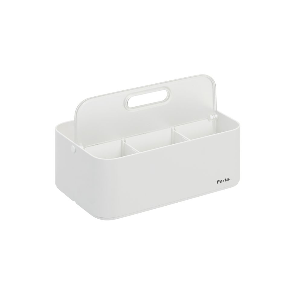 Un recipiente de plástico blanco con un asa y tres compartimentos.