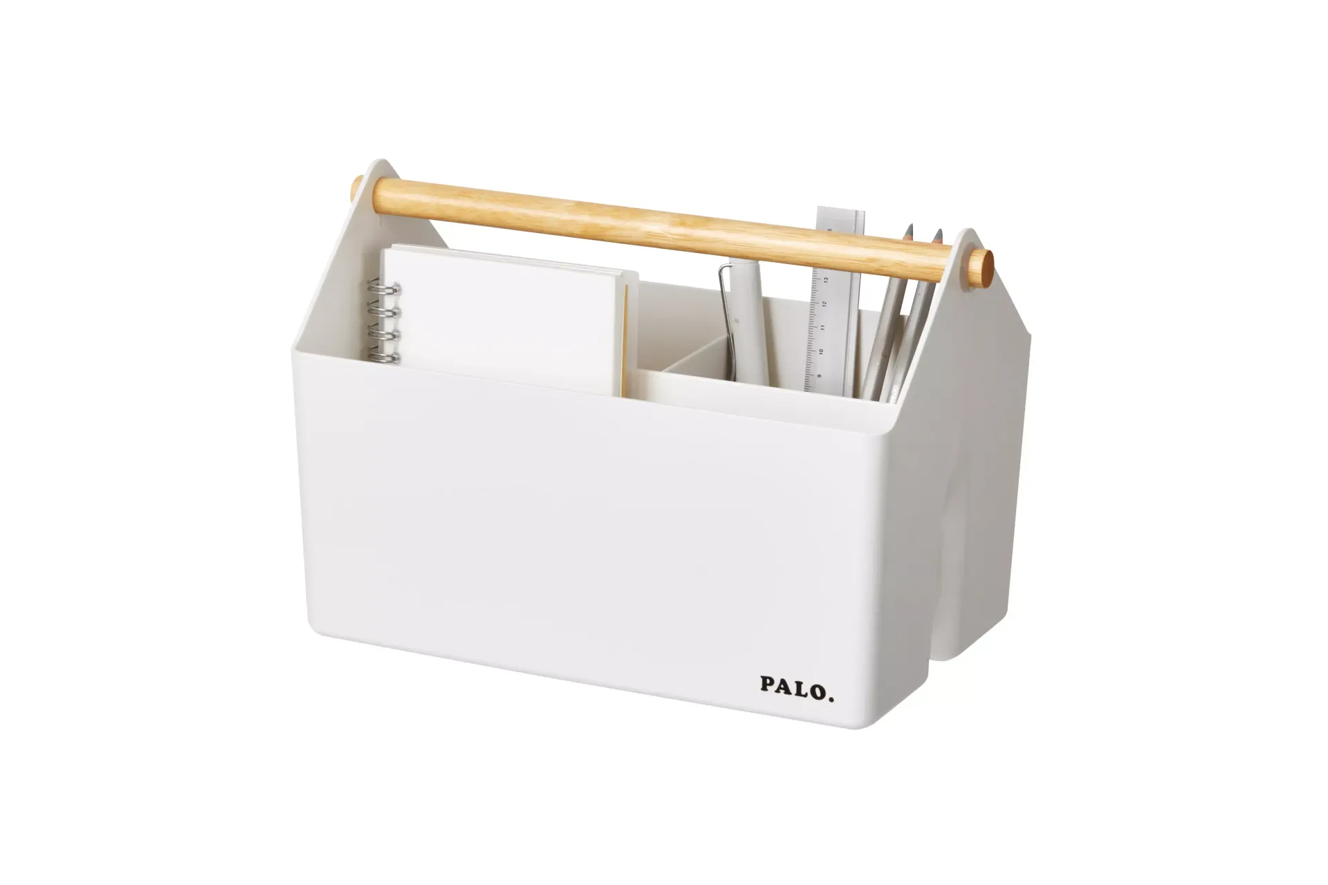 Organizador de escritorio Palo Basket blanco, con asa de madera y material ordenado de Litem
