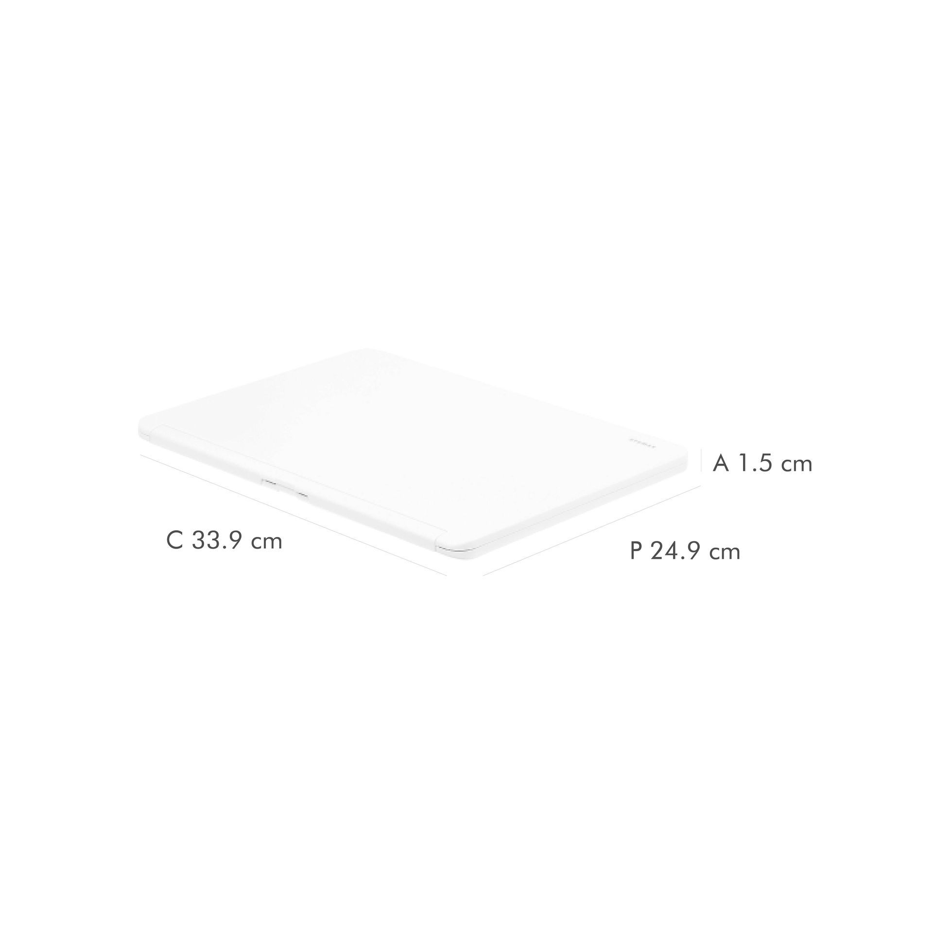 Una tabla de cortar blanca con medidas sobre un fondo blanco.
