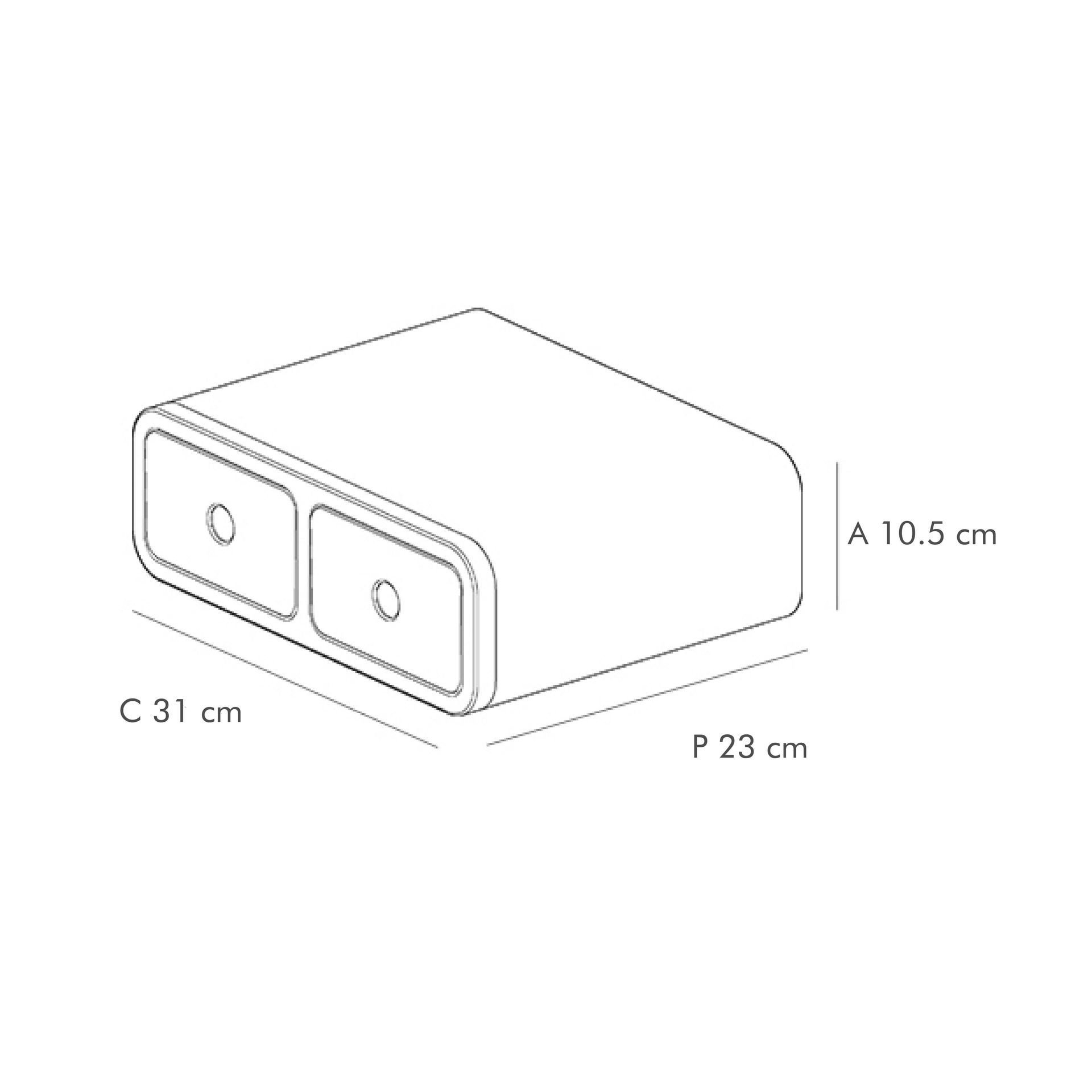 Un dibujo en blanco y negro de una caja con dos cajones y medidas.