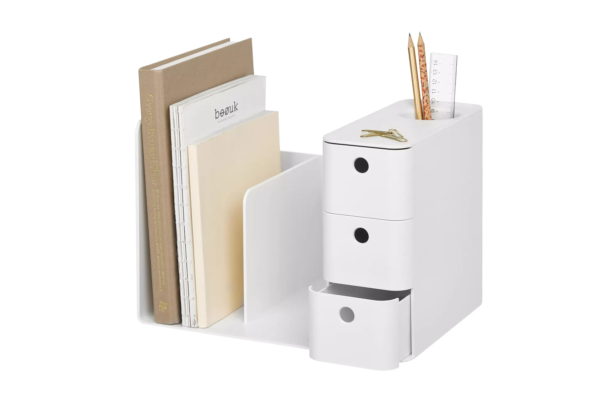 Organizador de escritorio con 3 libros, 3 cajones y lápices organizados