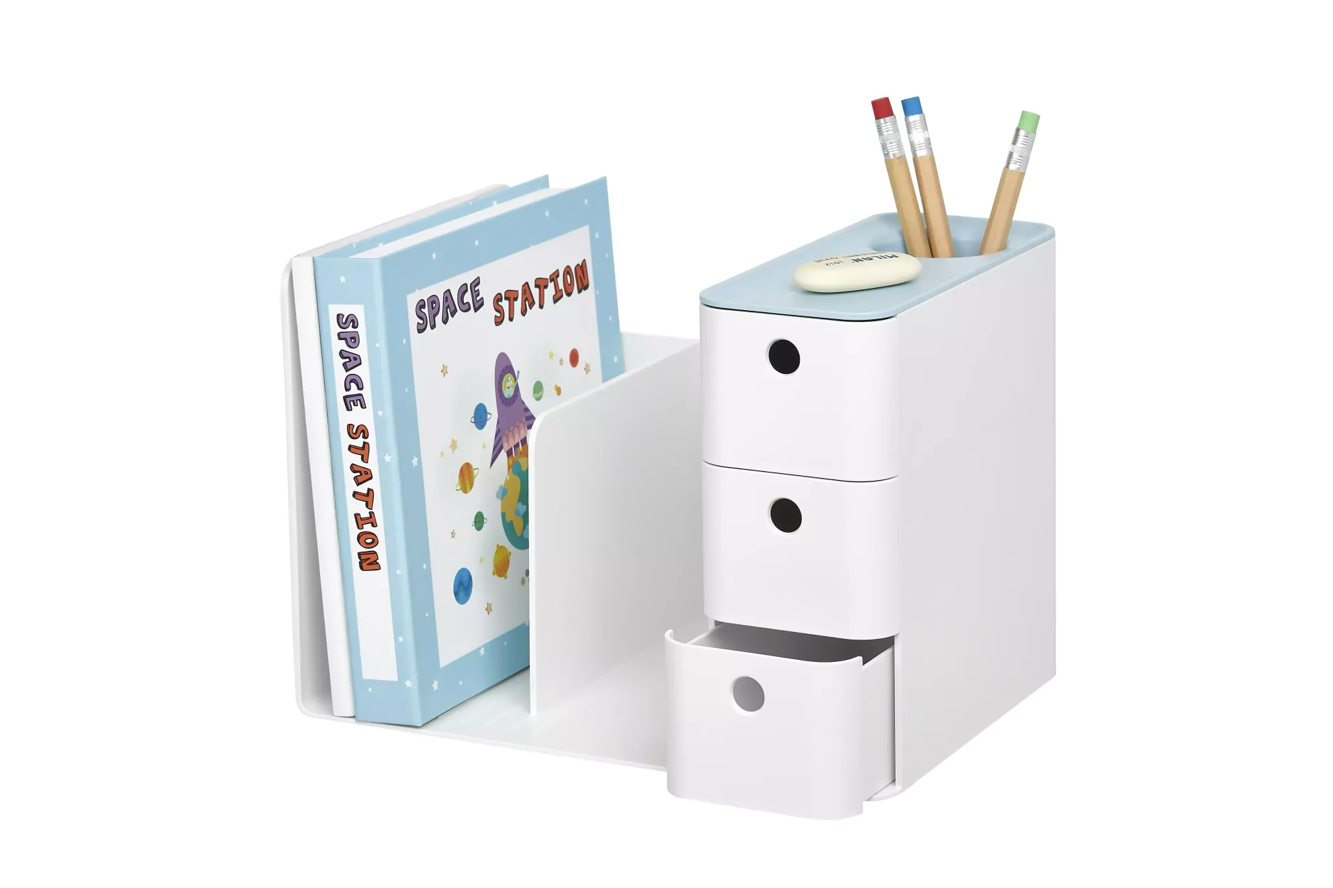 Organizador de escritorio con dos compartimentos para libros y tres cajones con libros y bolígrafos ordenados.