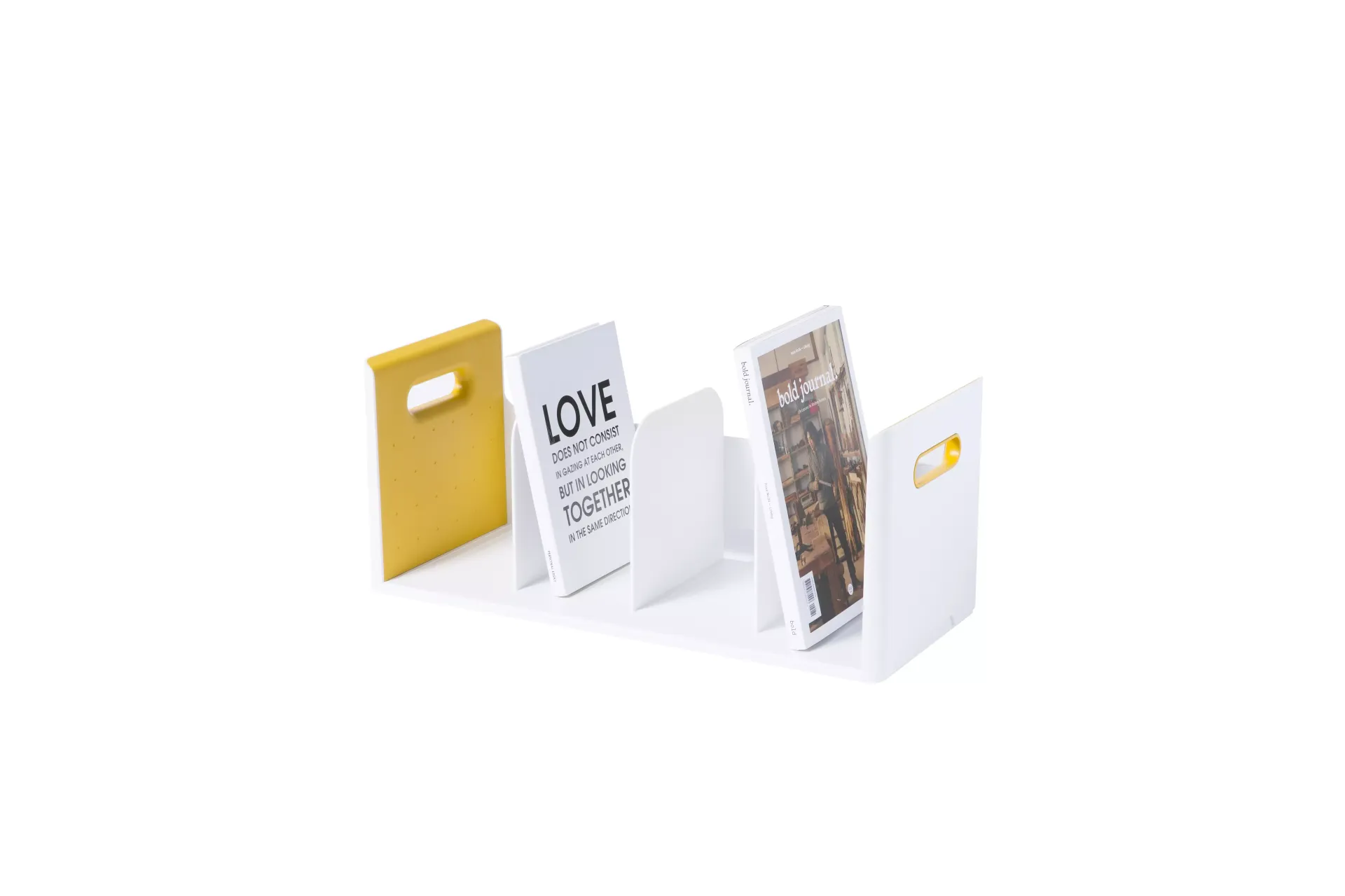 Organizador de libros amarillo y blanco de Litem con 2 libros