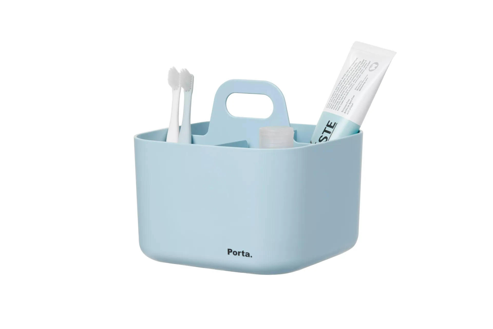 Un recipiente azul con cepillos y pasta de dientes.