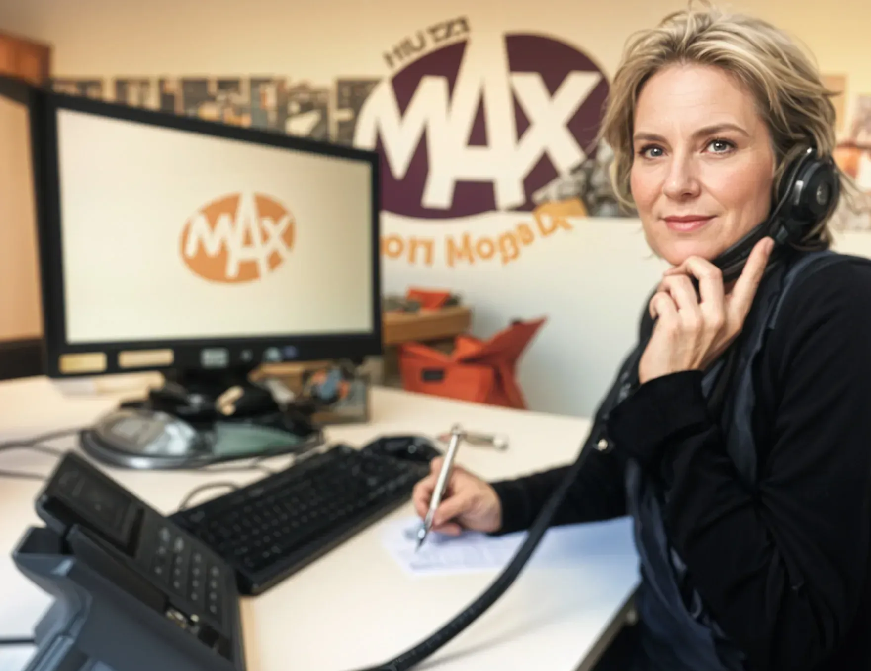 Een vrouw die voor een max-logo aan het telefoneren is