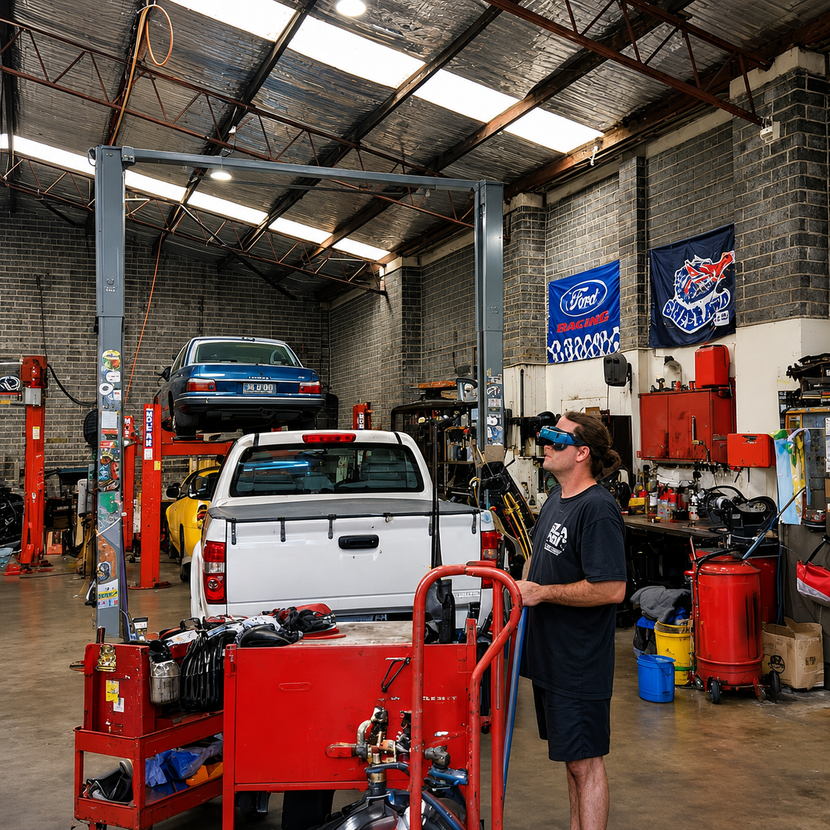 Auto repair shop with two vehicles on lifts and a mechanic in a red-walled garage