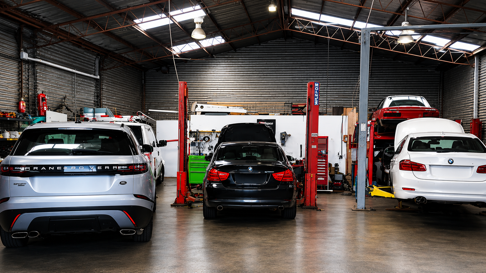 Auto repair shop interior with several cars on lifts and parked in service bays