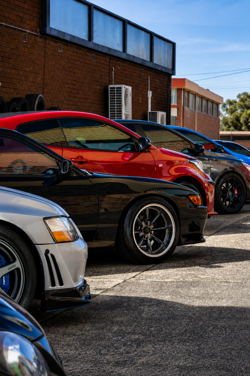 Parked cars, including a red and black sports car, beside a brick building in daylight
