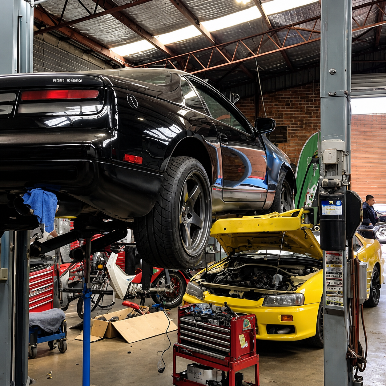 Auto repair shop with a black car raised on a lift over a yellow car in a garage