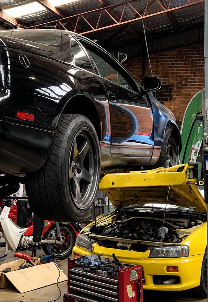 Automotive repair garage with several cars parked inside under a high metal roof