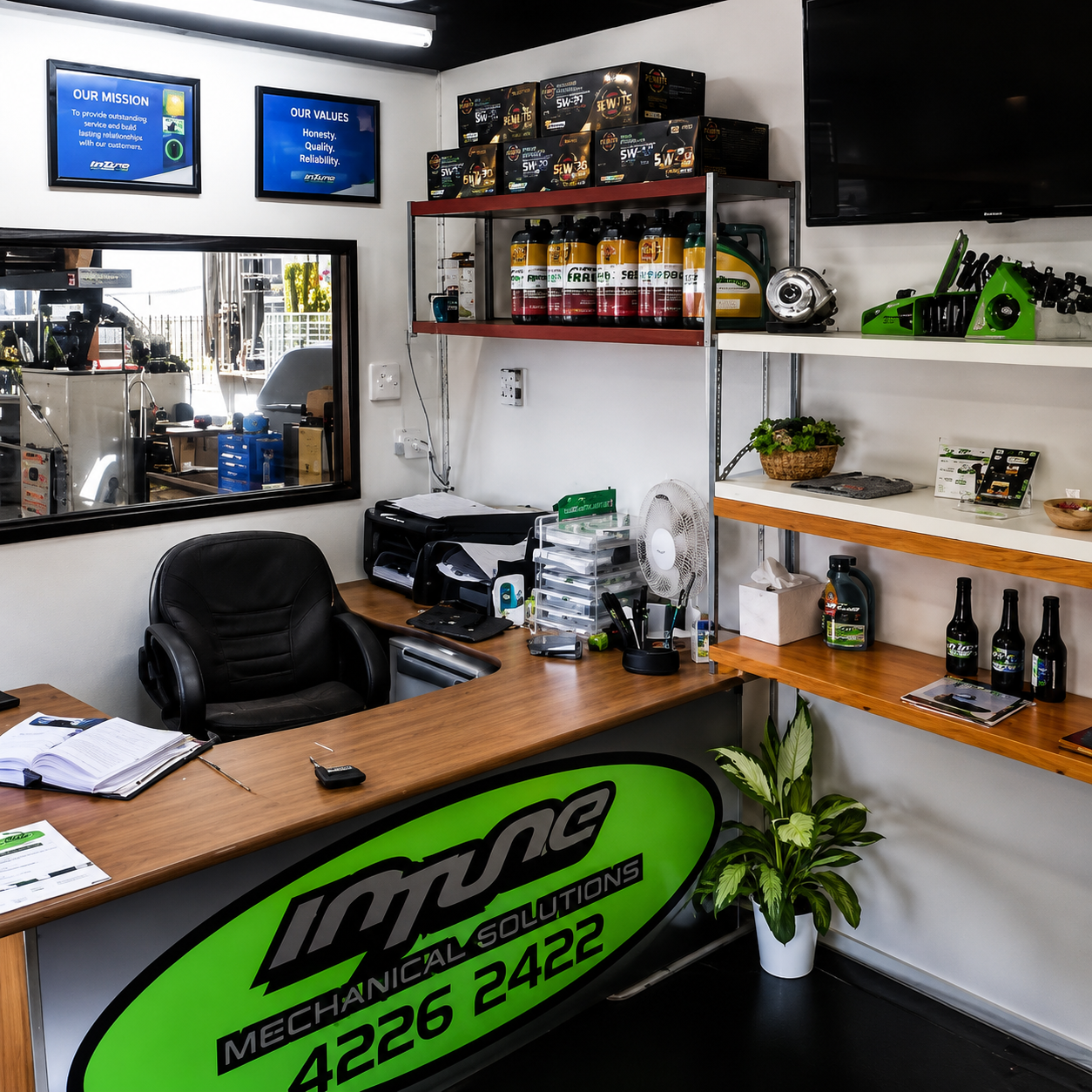 Auto repair shop office with desk, shelves, tools, and green logo sign