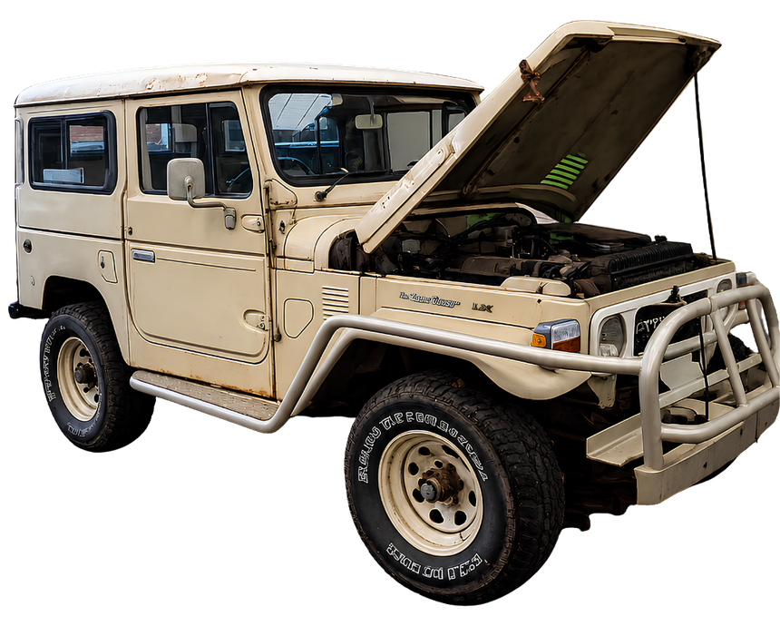 Tan military Humvee with hood open, shown in side view on white background