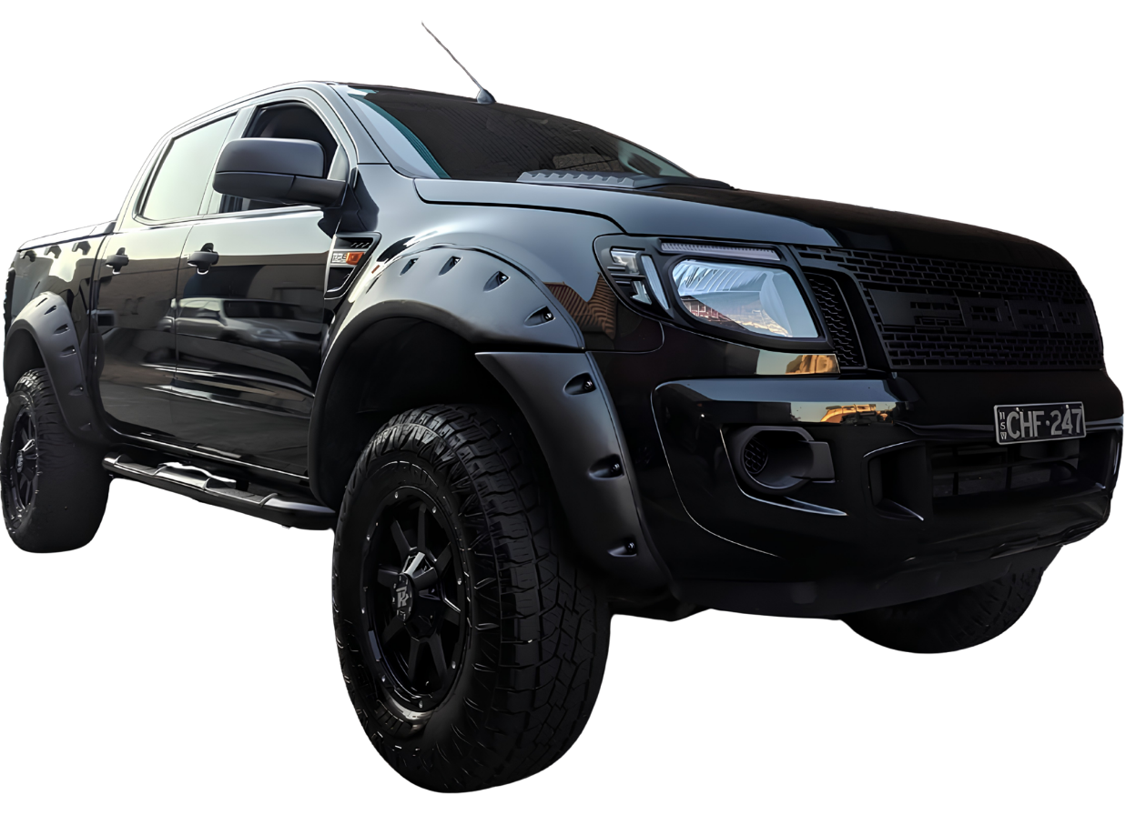 Black lifted off-road pickup truck isolated on white background