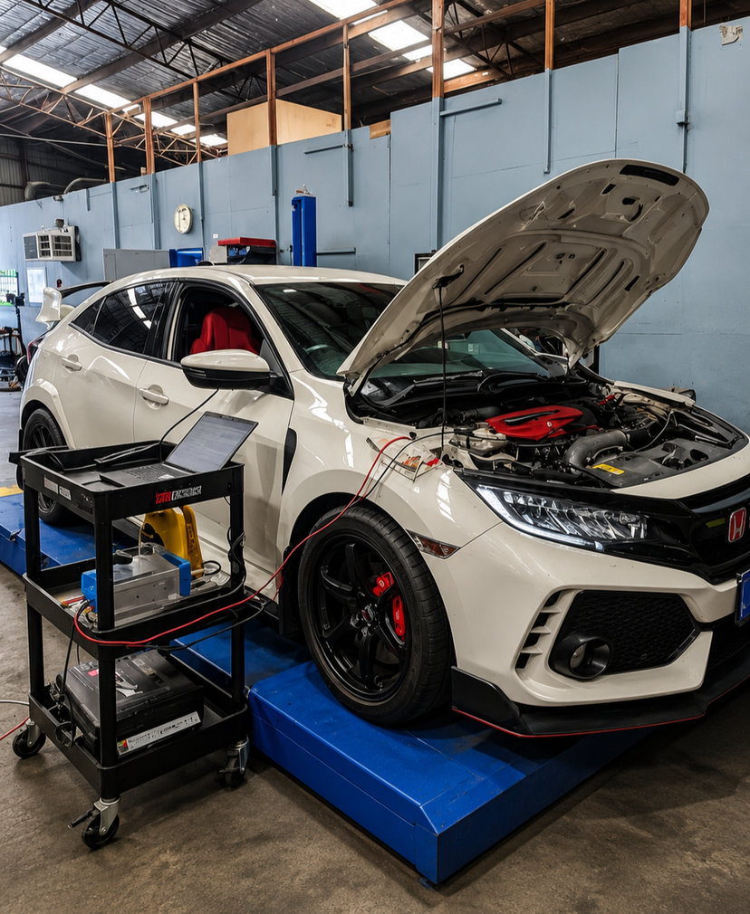 White sports car on a blue dyno platform with hood open in a workshop, diagnostic cart beside it