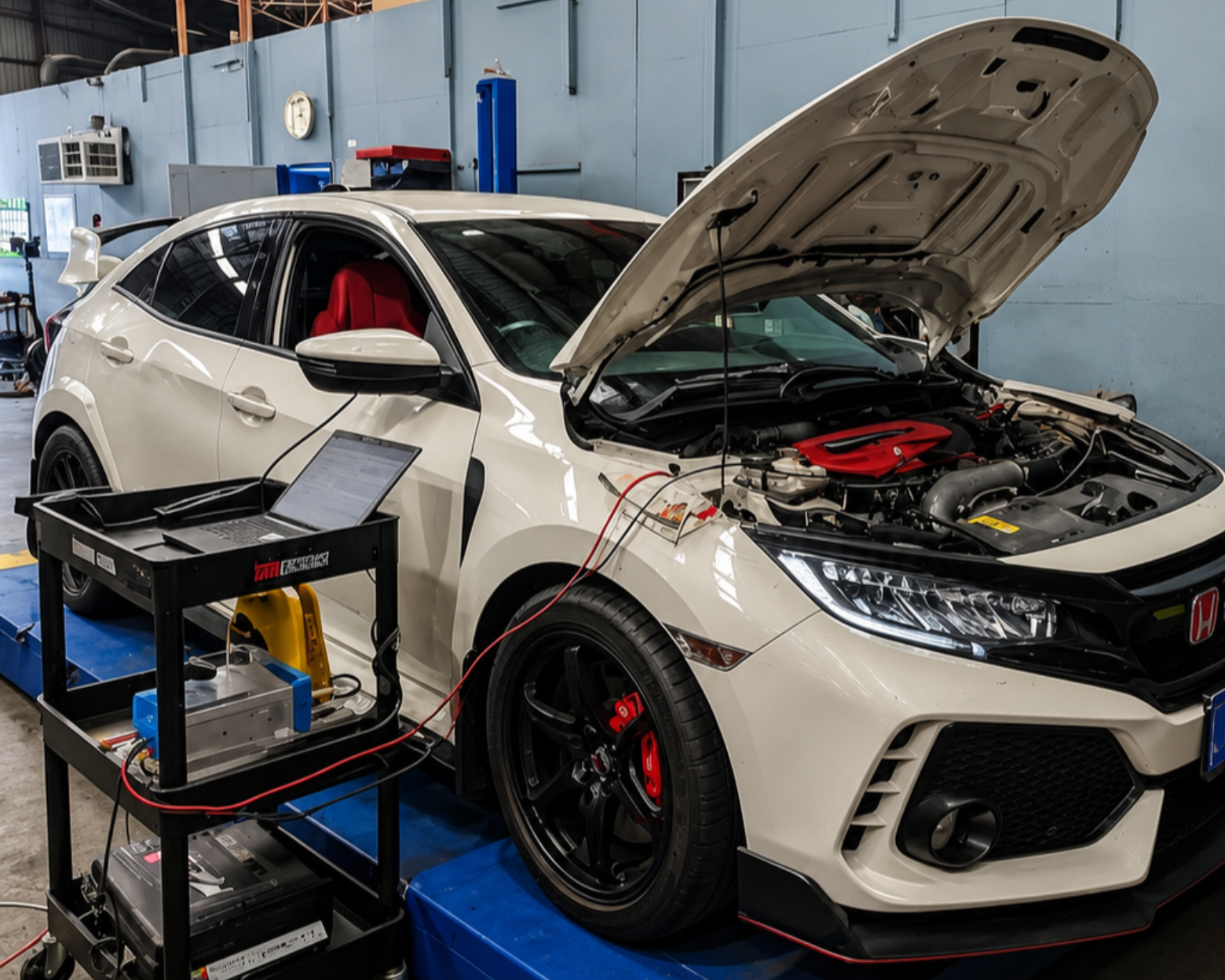White Honda Civic Type R in a workshop with hood open, connected to diagnostic equipment.