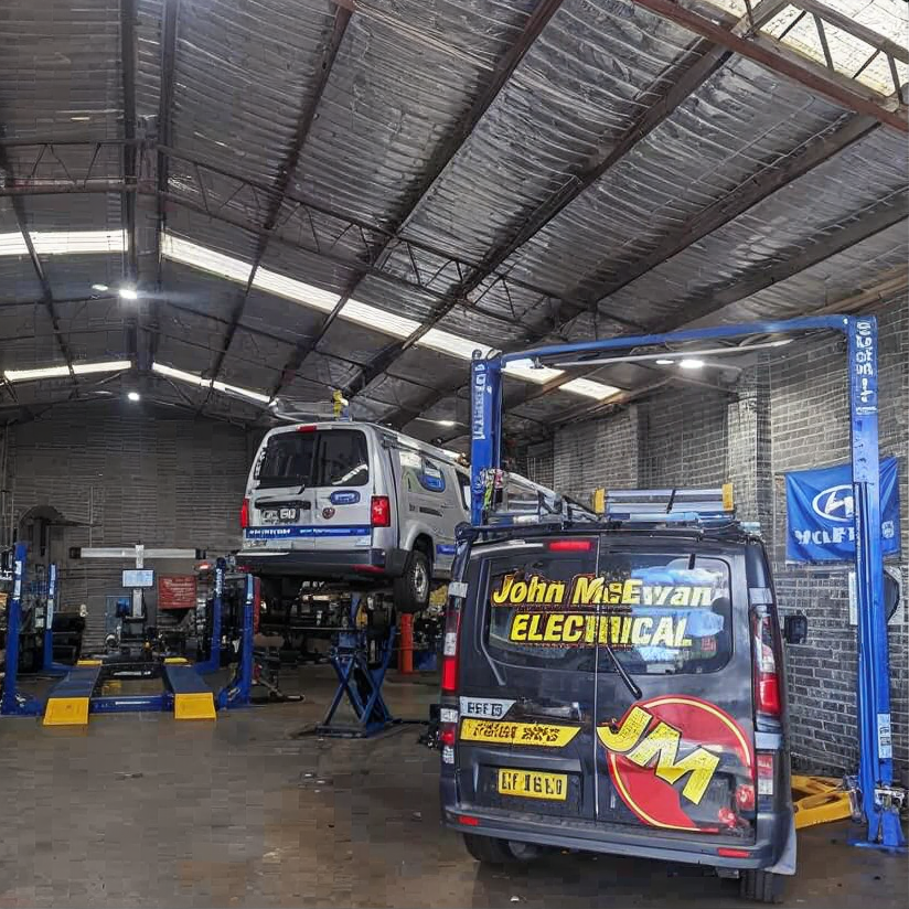 Auto repair workshop with two vehicles on lifts, including a white van and a black sign-covered truck.
