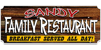 A sign for sandy family restaurant says breakfast served all day