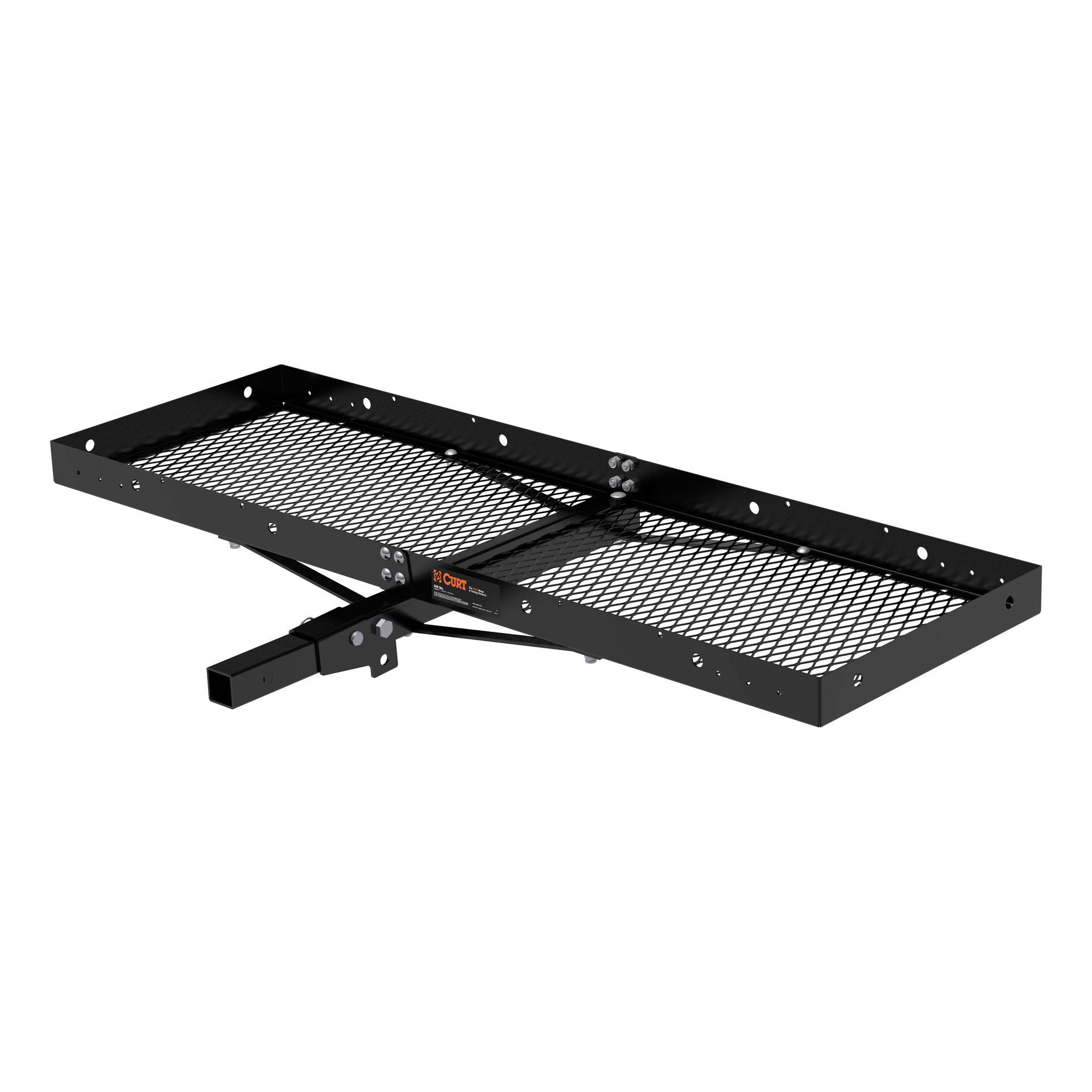 A black cargo rack with a mesh tray on a white background.