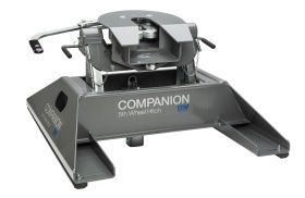 A close up of a trailer hitch on a white background.
