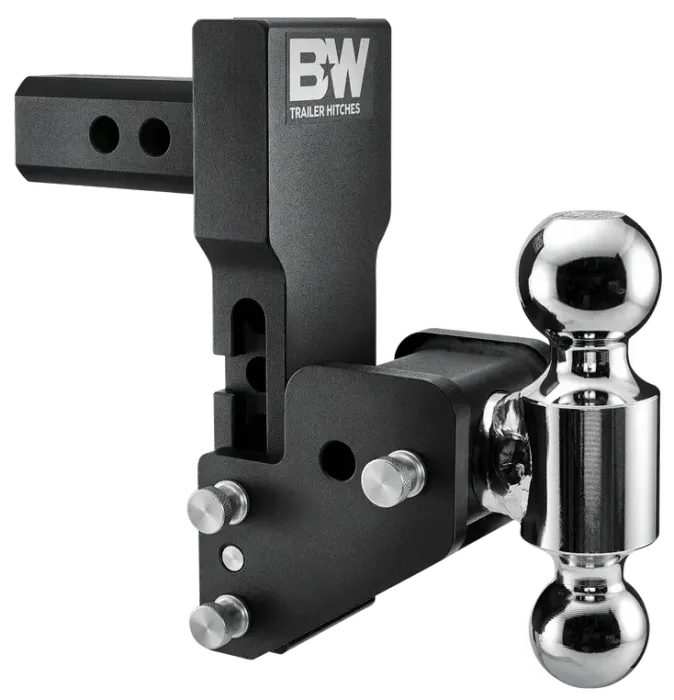 A black bw trailer hitch with a chrome ball