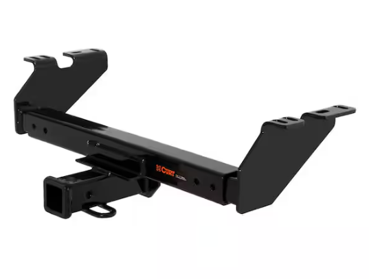 A black trailer hitch is shown on a white background.