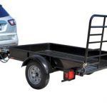 A trailer is being towed by a car on a white background.